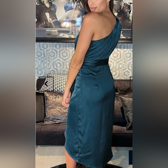 NWT One Shoulder Ruched Midi Dress Belted Party Dress Size Large Dark Blue Color - Picture 7 of 10